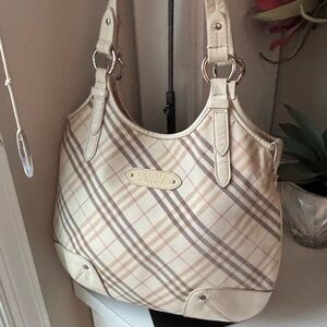 EUC Burberry Blue Label Cream + Tan Shoulder Bag COA Dust Bag Silver Hardware
